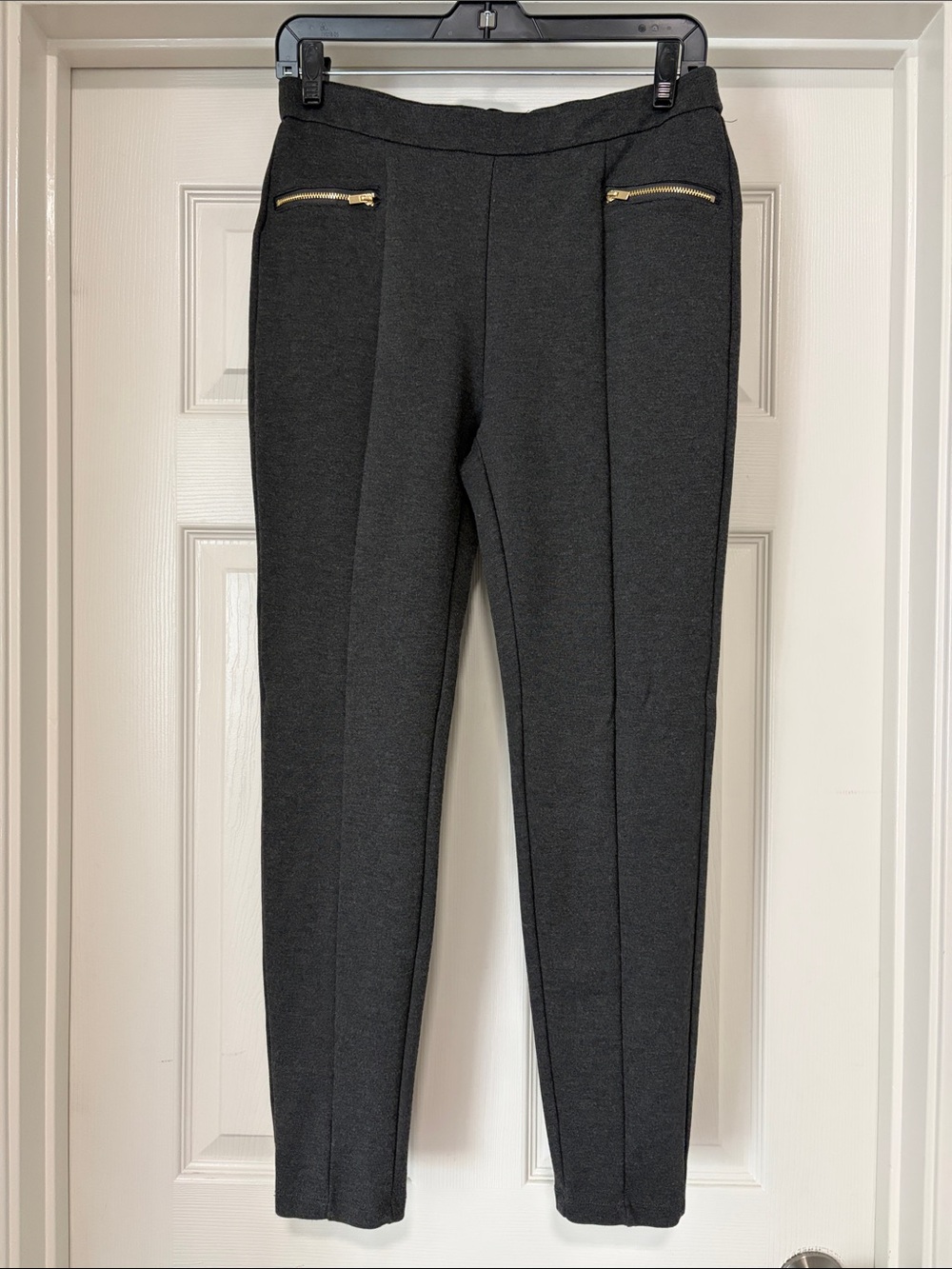Tahari Dark Charcoal Ponte Leggings with Gold Zipper Detail